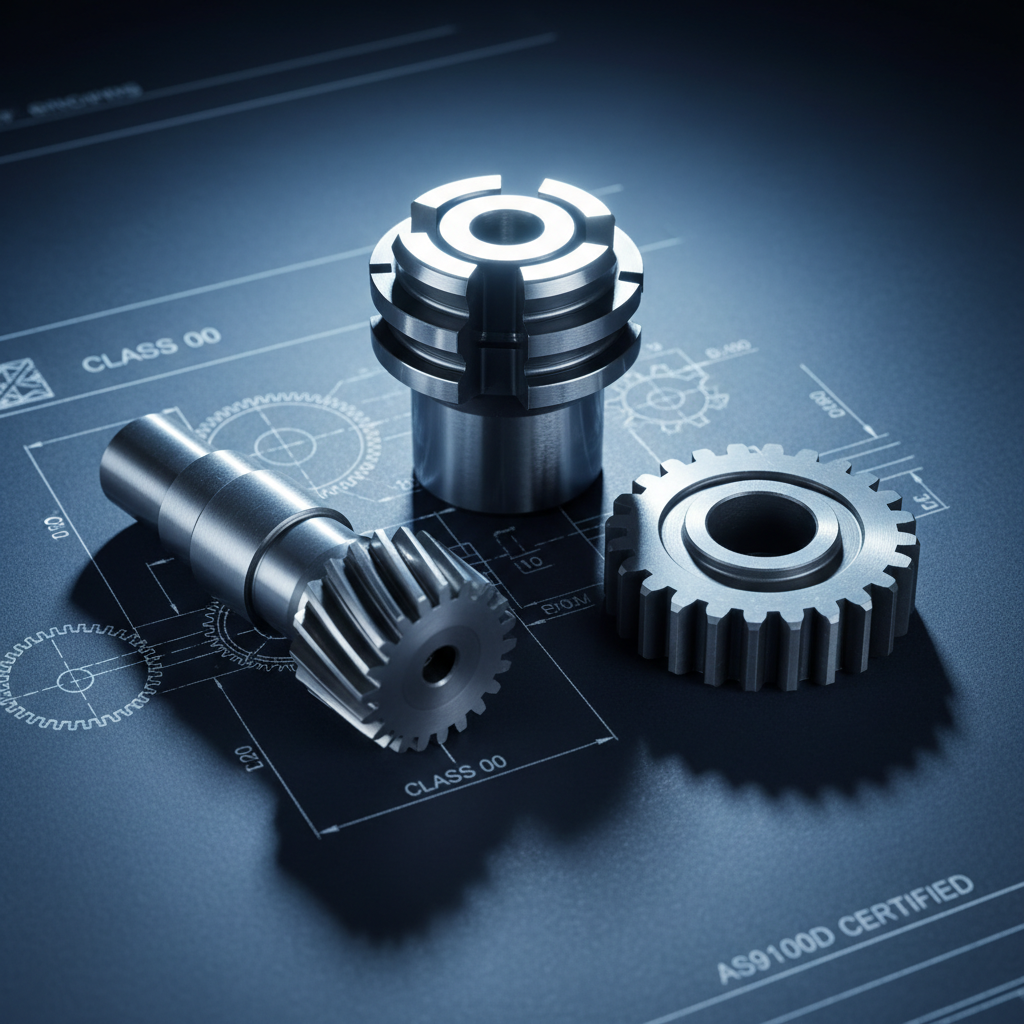 A custom-designed special gear cutting tool set for defense and aerospace applications, featuring an unusual stepped profile cutter, a fine-pitch gear hob, and a compact master gear, all crafted in high-speed steel and carbide with mixed polished and matte surfaces. The tools are arranged in a tight triangular composition on a smooth dark-navy engineering blueprint printed with subtle white gear diagrams and tolerance callouts. Focused, cool-toned spot lighting from above creates dramatic highlights and well-defined shadows, enhancing edges and contours. Shot from a slightly elevated angle with moderate depth of field, the image exudes innovation, precision engineering, and mission-critical reliability in a clean, modern, photographic style, tailored to export-grade, specialized tooling solutions.