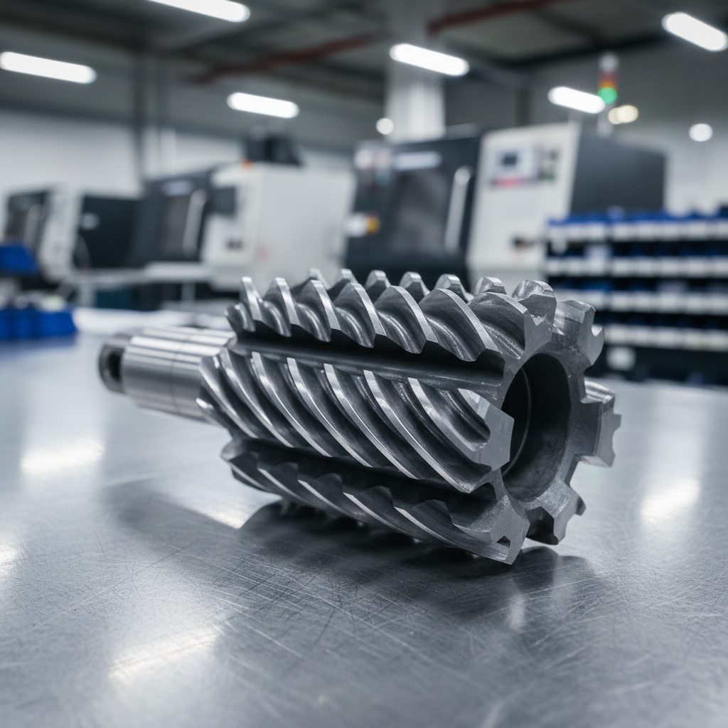 A close-up photographic shot of a precision steel gear cutting hob, its helical teeth perfectly ground and gleaming with a satin metallic finish. The tool rests diagonally on a spotless brushed stainless-steel workbench, surrounded by softly blurred outlines of CNC gear grinding machines and organized tool racks in the background. Cool, diffused industrial lighting from overhead panels creates crisp reflections along the cutting edges and subtle shadows beneath the tool, emphasizing its accuracy and craftsmanship. Captured at a slightly elevated three-quarter angle with shallow depth of field, the composition centers the hob while maintaining a clean, professional, high-tech manufacturing atmosphere, ideal for a leading gear cutting tools manufacturer.