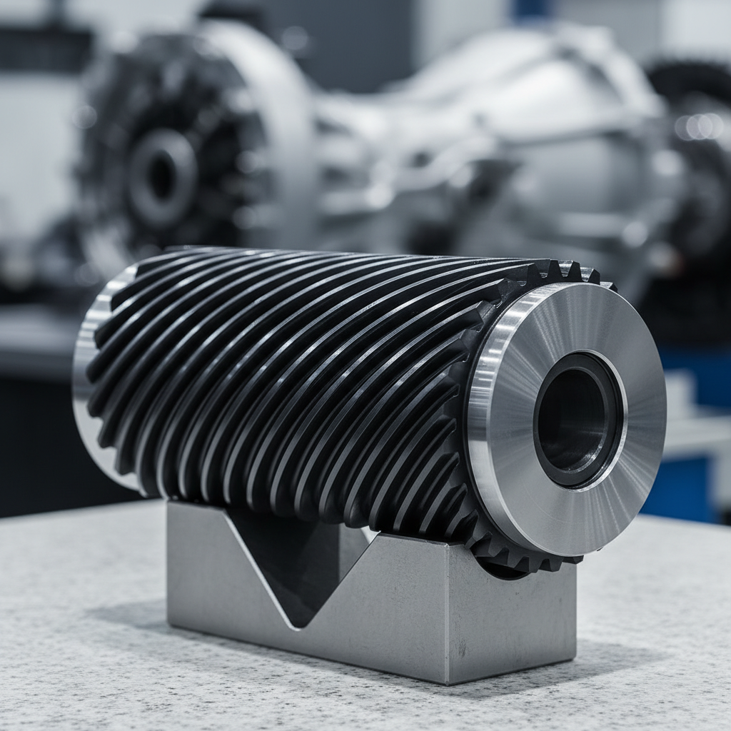 A robust, large-diameter gear shaving cutter with multiple rows of intricately profiled teeth, its surface treated with a dark, wear-resistant coating that contrasts with bright, ground reference faces. The tool is mounted horizontally on a V-block fixture on a clean, light-gray inspection table, with a blurred background hinting at an automotive gearbox assembly line through abstract metallic forms. Soft, directional side lighting from the right produces gentle specular highlights on the coated teeth and crisp shadows beneath, emphasizing depth and complexity. Photographed at a low-angle macro perspective with shallow depth of field, the scene feels highly technical, focused, and performance-oriented, ideal for illustrating advanced shaving tools for high-volume automotive gear finishing.