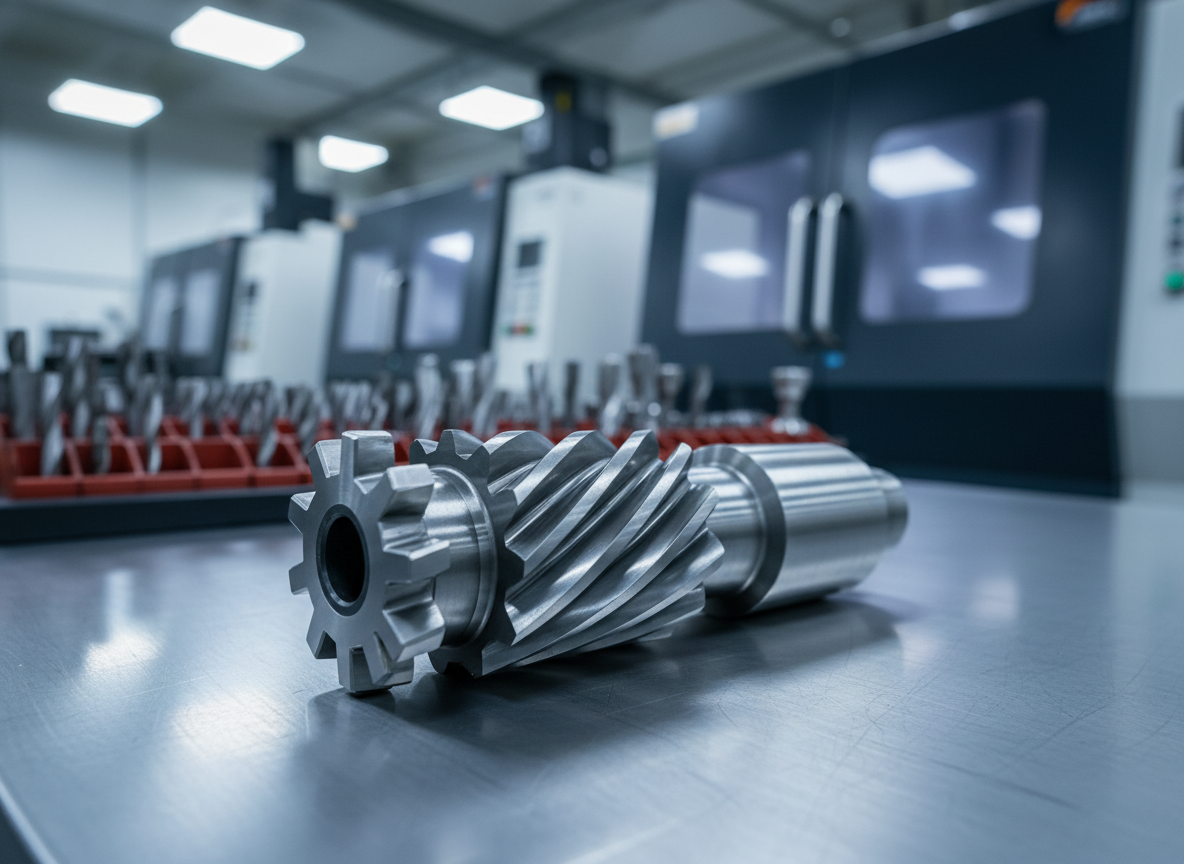 A close-up photographic shot of a precision steel gear cutting hob, its helical teeth perfectly ground and gleaming with a satin metallic finish. The tool rests diagonally on a spotless brushed stainless-steel workbench, surrounded by softly blurred outlines of CNC gear grinding machines and organized tool racks in the background. Cool, diffused industrial lighting from overhead panels creates crisp reflections along the cutting edges and subtle shadows beneath the tool, emphasizing its accuracy and craftsmanship. Captured at a slightly elevated three-quarter angle with shallow depth of field, the composition centers the hob while maintaining a clean, professional, high-tech manufacturing atmosphere, ideal for a leading gear cutting tools manufacturer.