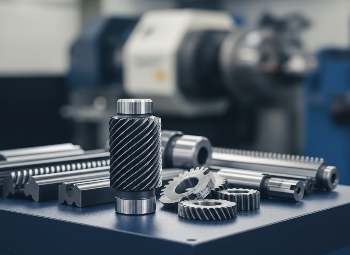 An arrangement of various high-precision gear cutting tools laid out in a deliberate pattern on a dark, matte anodized aluminum surface. In the foreground, a large involute gear shaper cutter with sharp, evenly spaced teeth stands upright, flanked by smaller shaving cutters, rack-type cutters, and master gears with engraved technical markings. Cool white studio lighting from the left creates controlled highlights on the polished flanks and relief angles, while the background gently falls into a soft bokeh of out-of-focus machinery contours. Shot from an eye-level angle with a wide composition, the image conveys a comprehensive, professional product range in clean photographic realism, emphasizing quality, reliability, and engineering expertise.