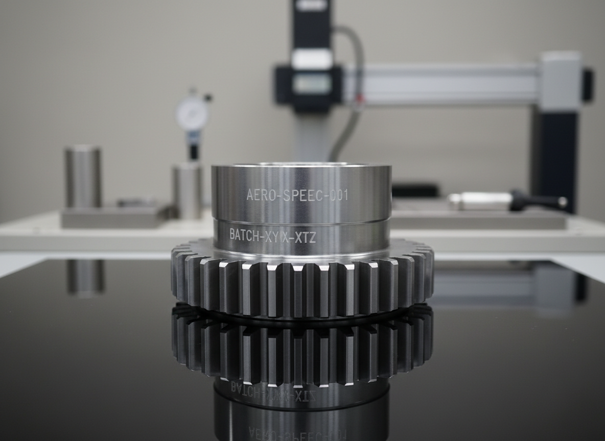 A meticulously machined master gear made from high-grade steel, with precisely ground teeth and laser-etched identification codes along its hub, positioned upright on a reflective black glass platform. Behind it, faintly visible in soft focus, are calibration blocks, a dial indicator, and a coordinate measuring machine structure, suggesting a metrology lab environment. Neutral, diffused overhead lighting creates a controlled, reflection-rich surface that accentuates the gear’s flawless geometry and micro-finish. Captured front-on with symmetrical framing and moderate depth of field, the composition feels exacting and technical, evoking a sense of rigorous quality control, aerospace-grade precision, and professional reliability in photographic realism.